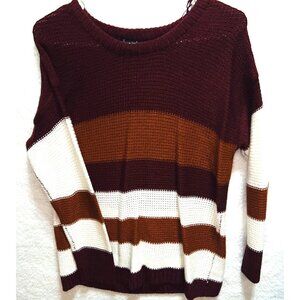 Striped Burgundy Brown and White Knit Sweater XL w Button Accents By Alison Andr